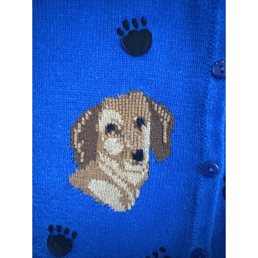 Blue Cardigan Sweater Knit Dogs 1990s Large Vintage Marisa Christina Paw Prints - Picture 5 of 9